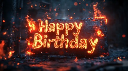 Happy Birthday graffiti with bold, fiery letters, edges engulfed in bright orange and red flames, glowing embers floating in the air, set against a dark, charred wall, ultra-realistic fire effects,