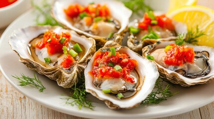 Fresh Oysters Served with Hot Sauce and Lemon Wedges