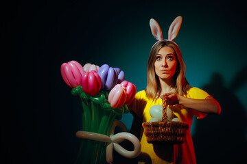 Funny Woman Wearing Rabbit Ears with a Basked of Easter Eggs. Confused lady thinking about the...