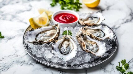 Fresh Oysters Served with Lemon and Cocktail Sauce