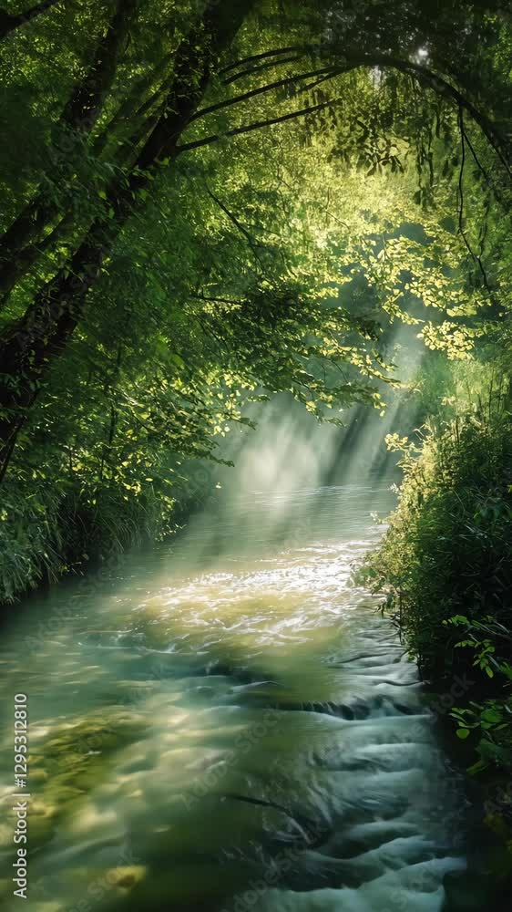 Poster sunlight filtering through trees along a calm stream in a lush green forest setting during the morni
