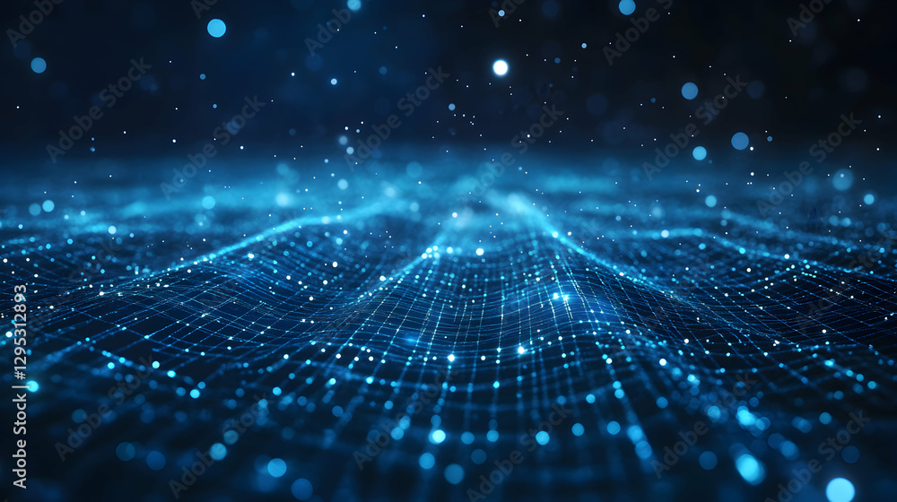 Poster abstract blue digital background with flowing particles and grid - represents future technology, con