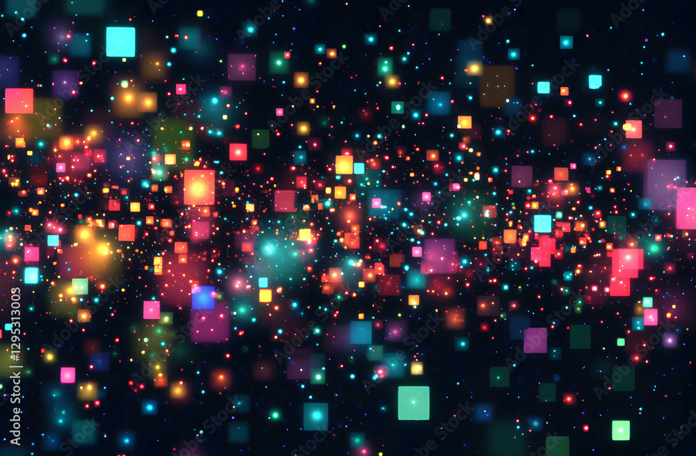 Poster abstract celebration, a dynamic display of colorful light squares creating a festive and energetic a