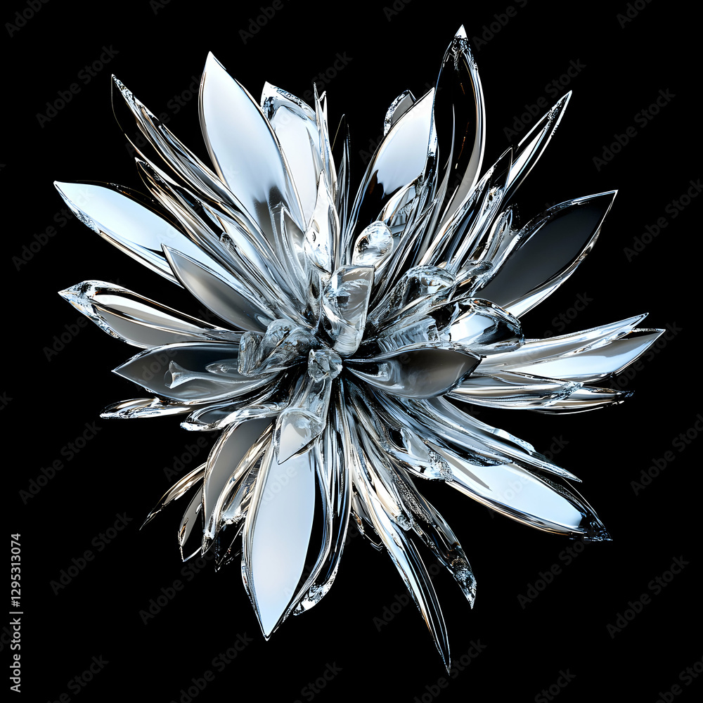 Poster abstract crystal bloom, a mesmerizing 3d render of a translucent flower with sharp petals against a 