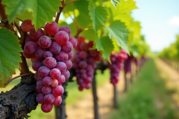 Fototapeta premium Mature grape vines with clusters of ripe red grapes, farmland, natural, grapes