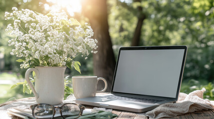 serene outdoor workspace featuring laptop, coffee cup, and vase of flowers, perfect for relaxation and productivity in nature