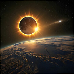 Obraz premium A solar eclipse with the Sun corona glowing around the dark silhouette of the Moon.