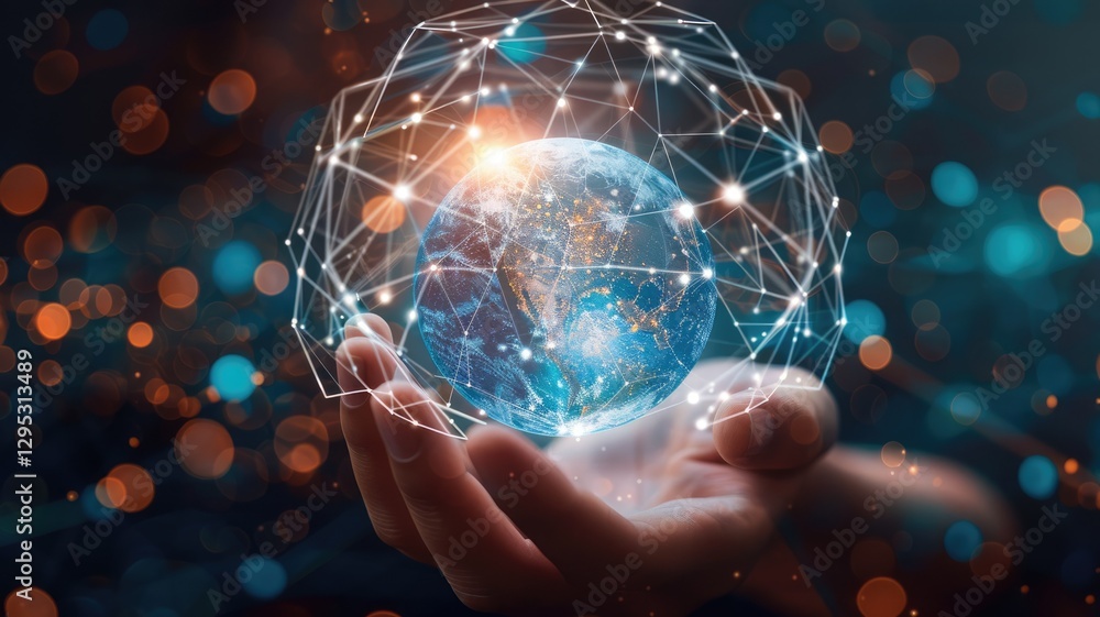 Poster hand holding digital representation of earth with glowing connections. close up of business man hand