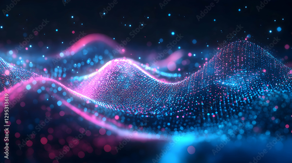 Poster abstract data visualization with pink and blue glowing particles, capturing the essence of modern te