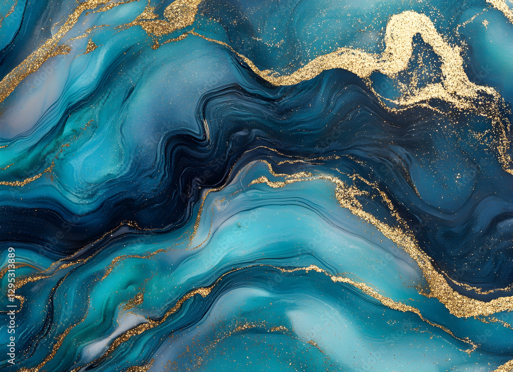 Poster abstract fluid art with turquoise and gold accents, creating a luxurious and dynamic visual texture,