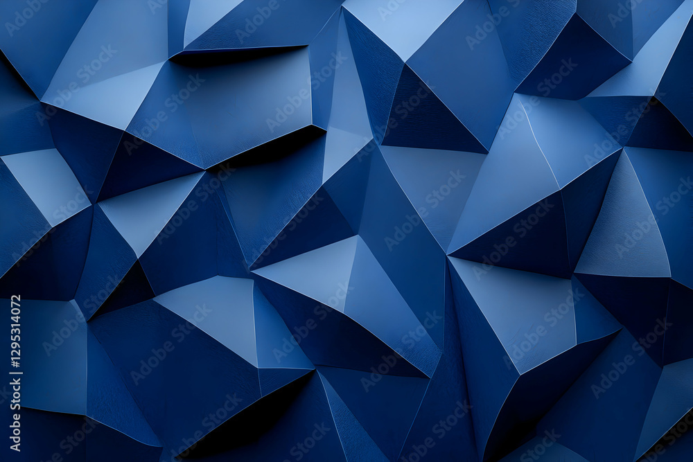 Poster abstract geometric background in deep blue hues, featuring a modern and dynamic design with sharp li