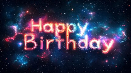Happy Birthday in glowing cosmic typography, starry textures and soft nebula gradients filling the letters, radiant galaxies swirling around, vibrant celestial hues and starlit energy, hd quality.