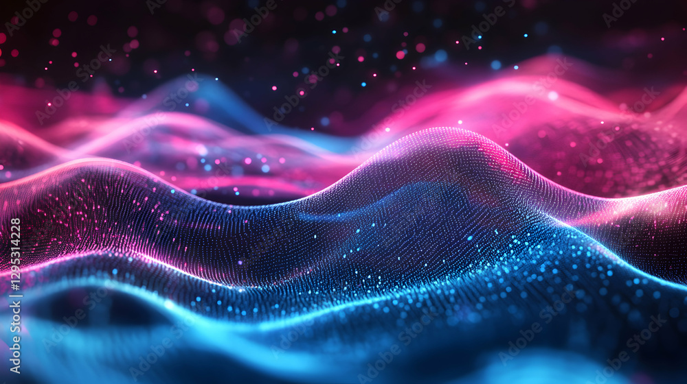 Poster abstract glowing particle waves in electric pink and blue, a modern visualization of data, technolog