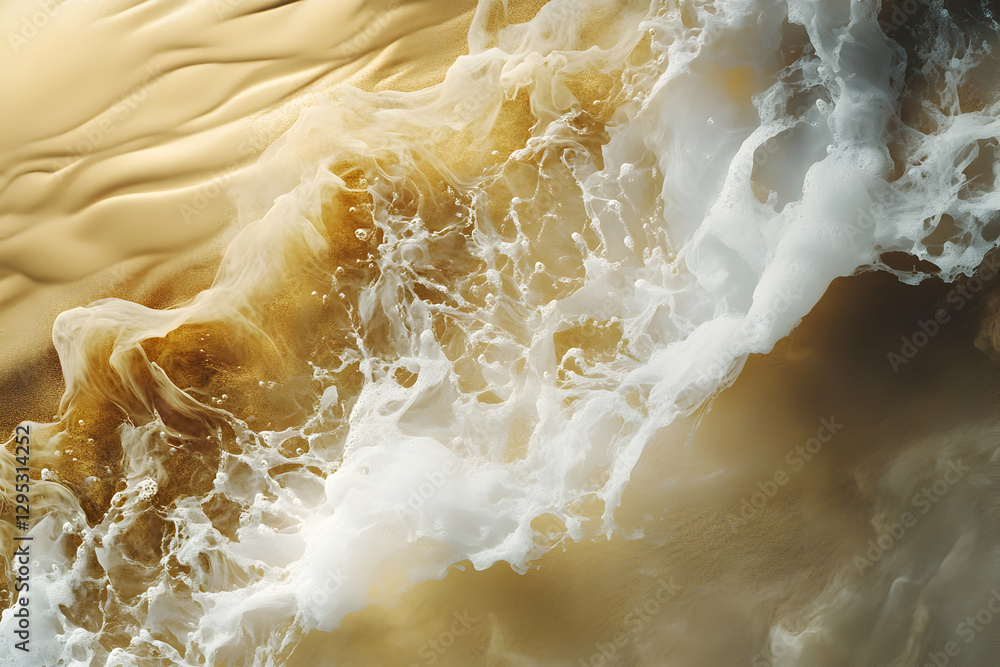 Poster abstract golden fluid art with white foam, depicting the fluidity and movement of liquids, creating 