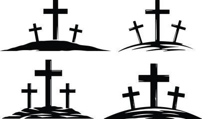 Christian Crosses on Hill - Black and White Vector Illustration