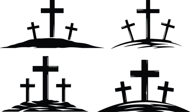 Christian Crosses on Hill - Black and White Vector Illustration