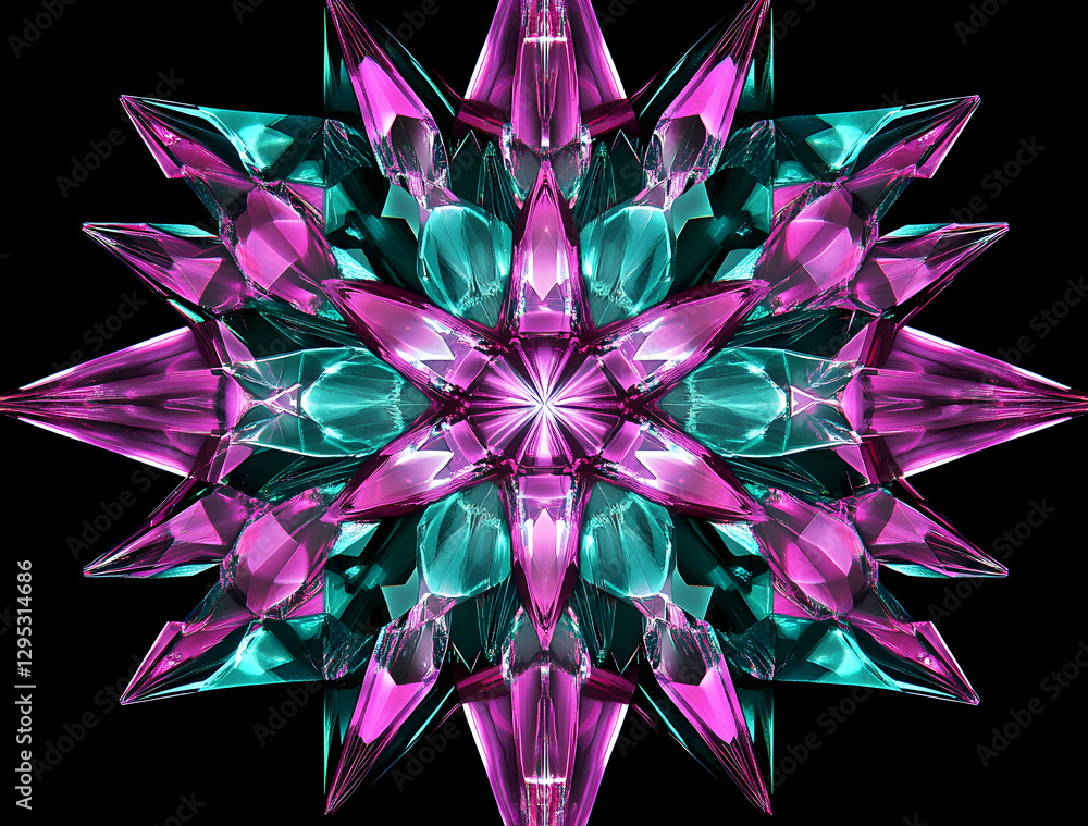 Poster abstract kaleidoscope of teal and magenta crystals on black background - high resolution image for c