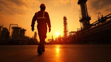 silhouette of engineer walking through oil refinery at sunset, showcasing industrial structures and vibrant sky