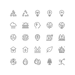 Ecology Icons outline. Including biodegradable, plant, lightbulb, sprouts, compost, cloud, rain, earth, lightning, energy, conscious, water, home, forest, mineral, recycle, solar panel illustrations