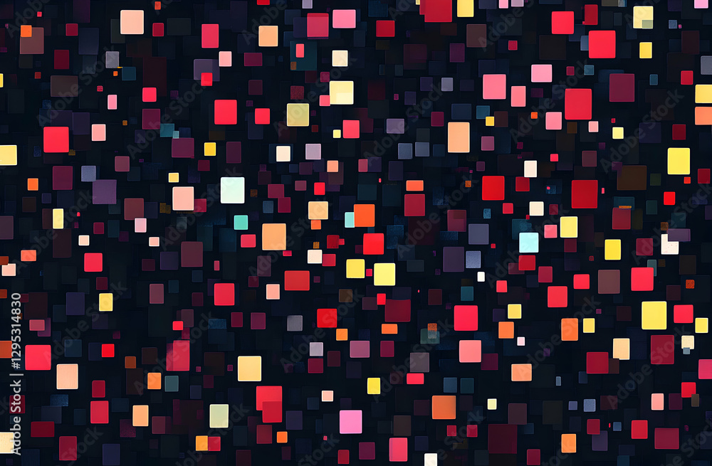 Poster abstract mosaic of colorful squares on a dark background, creating a dynamic and artistic compositio