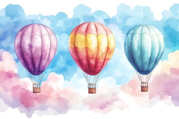 Three Hot Air Balloons Watercolor Painting in Pastel Sky