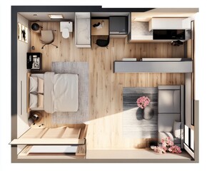 Compact studio apartment floor plan, modern design, with bedroom, kitchen, and living area