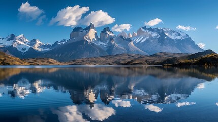 Majestic Torres del Paine Mountains Reflected in Tranquil Lake Under Clear Blue Sky