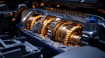 Fototapeta premium Gold Gears Mechanism Component Automotive Engineering Intricate Structure Advanced Tech Closeup 3D Render