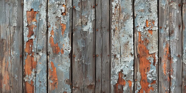 Weathered wooden planks with peeling paint and rusty patina, perfect for rustic backgrounds and textures