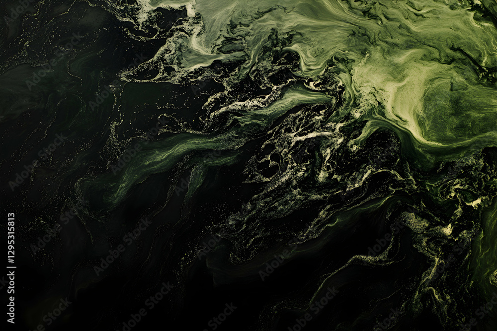 Poster abstract swirls of emerald and charcoal, a darkly elegant fluid art composition with dynamic texture
