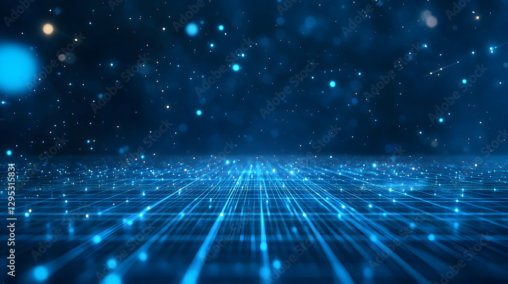 Poster abstract technological backdrop with glowing grid and particles, perfect for illustrating digital co