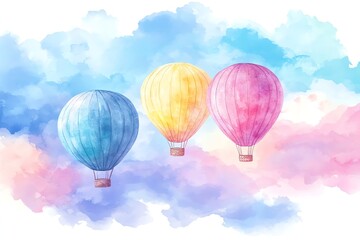 Naklejka premium Watercolor Hot Air Balloons Floating in Pastel Clouds