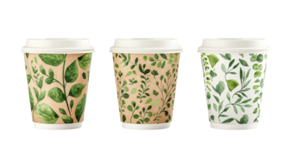 Three paper coffee cups with floral green leaves pattern on transparent background
