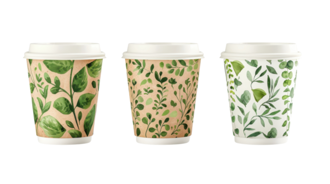 Three paper coffee cups with floral green leaves pattern on transparent background - Powered by Adobe