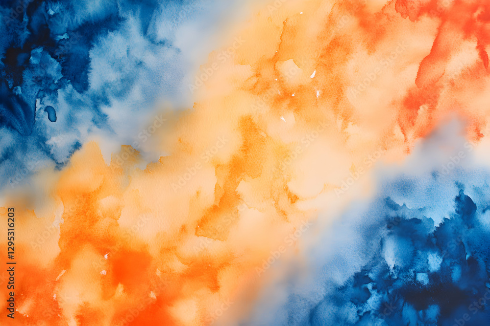 Poster abstract watercolor background with vibrant orange and blue hues creating a dynamic and fluid compos