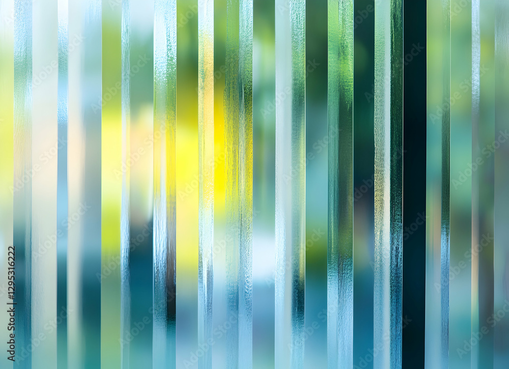 Poster abstract vertical glass panels with blurred green and yellow background creating a modern and serene