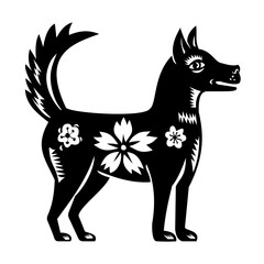 Retro woodcut style illustration of the year of the dog, a Chinese zodiac animal viewed from side on isolated background done in black and white.

