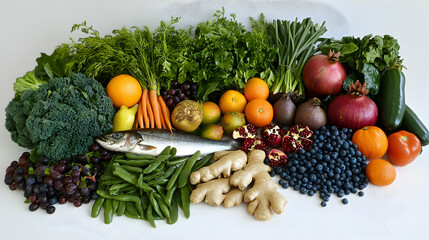 Abundance of fresh fruits, vegetables, and fish on a white background, showcasing healthy eating and the benefits of consuming diverse, nutrient-rich foods