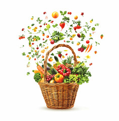 Abundant Harvest, A Wicker Basket Overflowing with Fresh Fruits and Vegetables, Showcasing Nature's Bounty and Promoting Healthy Eating Habits