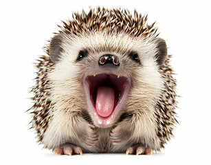 Obraz premium Adorable African Pygmy Hedgehog Yawning Wide, Isolated on White Background, Close-Up, Revealing a Pink Tongue and Sharp Teeth, Capturing the Charm of a Tiny Mammal