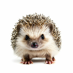 Fototapeta premium Adorable African Pygmy Hedgehog Portrait, Close-up on a White Background Showcasing its Quills and Innocent Expression for Editorial and Commercial Use