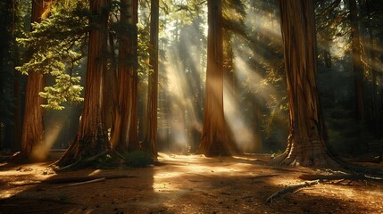Obraz premium Sunlight Streaming Through Majestic Redwood Trees in Lush Green Forest