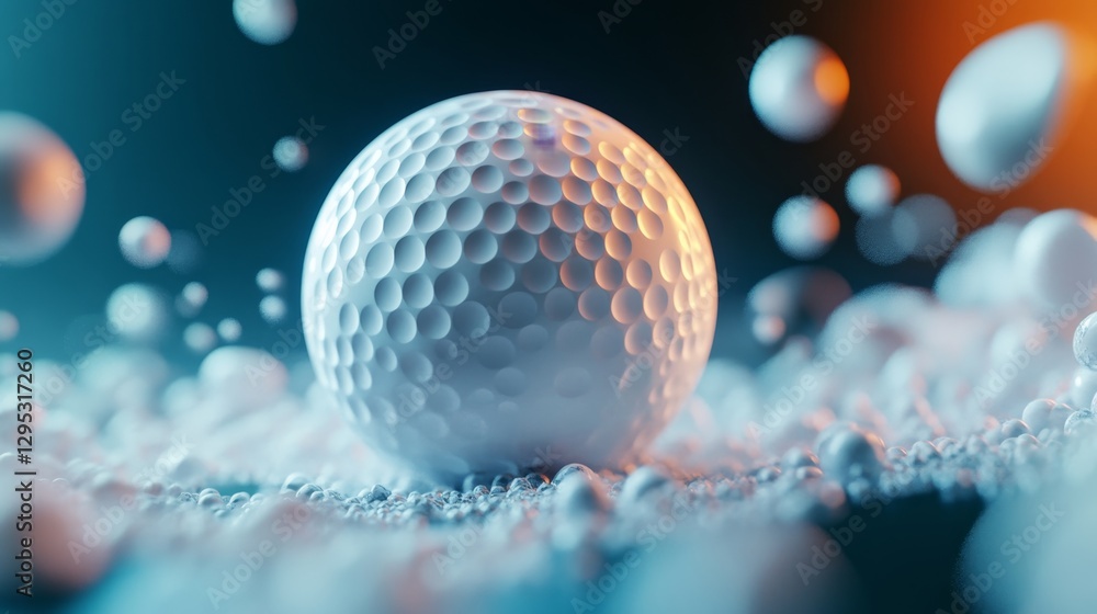 Poster 3d render of a floating golf ball surrounded by abstract elements