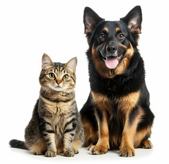 Fototapeta premium Adorable Companions, A Charming Portrait of a Tabby Cat and a Happy Dog Posing Together on a White Background Embodying Friendship and Harmony