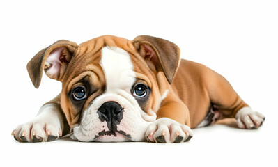Fototapeta premium Adorable English Bulldog Puppy Lying Down on White Background, Expressing Calmness and Peacefulness with its Innocent Eyes and Relaxed Posture in Studio Shot