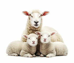 Fototapeta premium Adorable family portrait of a ewe and her two lambs, showcasing their pristine white fleece against a clean, minimalist white background, perfect for a heartwarming scene