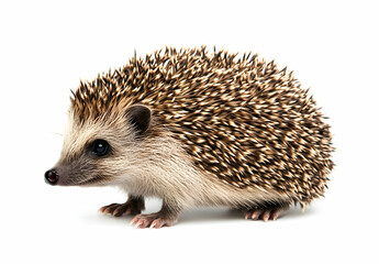 Obraz premium Adorable hedgehog portrait on white background, showcasing its distinctive spiky quills and endearing features in a studio shot perfect for nature and wildlife enthusiasts