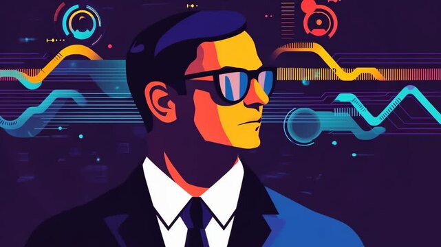 Stylish man in sunglasses with abstract digital graphics in the background on a vibrant urban backdrop