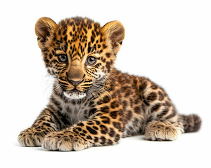 Obraz premium Adorable Leopard Cub Portrait, Captivating Studio Shot on White Background Showcasing the Beauty of this Young Feline with Striking Spot Patterns