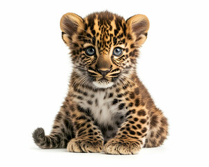 Obraz premium Adorable Leopard Cub Portrait on White Background, Captivating Close-Up of a Young Leopard with Striking Blue Eyes and Soft Fur, Isolated for Creative Projects